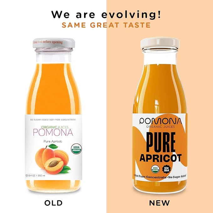 Pomona Organic Apricot Juice, Cold Pressed USDA Organic Juices, 100% Apricots, No Added Sugar, Not From Concentrate, Vegan, Kosher, Non GMO, Pasteurized, 8.4 oz Glass Bottles (Pack of 12)(Packaging May Vary)
