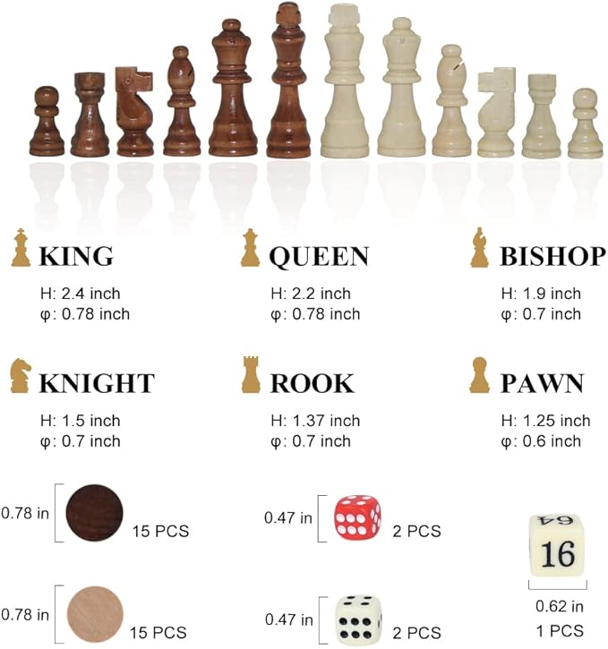 GOTHINK Wooden Chess, Checker, and Backgammon 3 in 1 Board Game Set,Classic Traditional Travel Night Toy and Game Gift Set for Kids Adults Senior Family