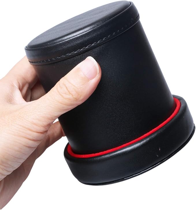 Leatherette Dice Cup with Lid, Red Felt-Lined Dice Shaker Includes 6 Regular Dice for Liars Dice/ Farkle/ Yahtzee/ Games, 1 Pack
