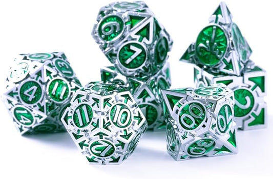 RULE DICE DND Metal Dice Set， D&D Dungeons and Dragons Dice, Cool Large Weighted 7 die Green Metal DND Dice Set, RPG MTG Role Playing Polyhedral Dice Set with D & D Gifts Box, D and D Dice Set