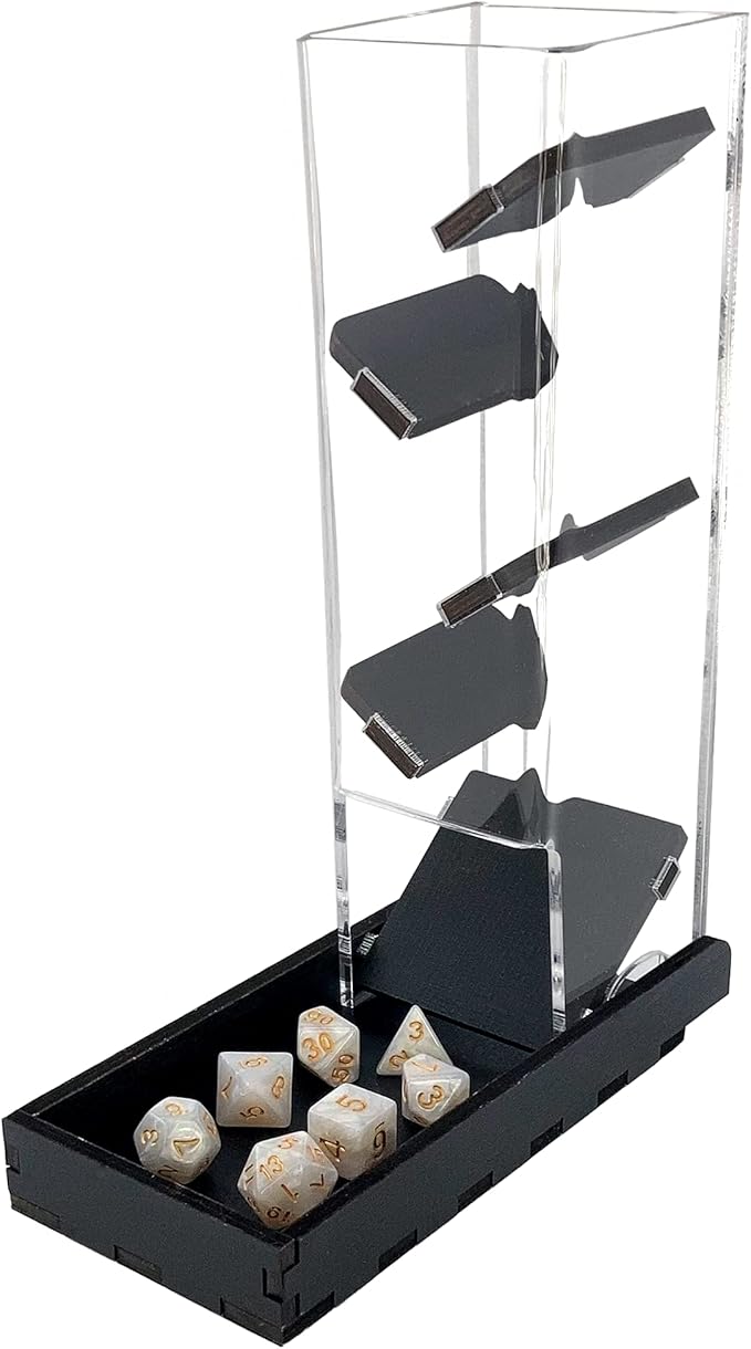 C4Labs Dice Tower & Tray | Clear with Wooden Paddles | Watch The Dice Decide (Black)