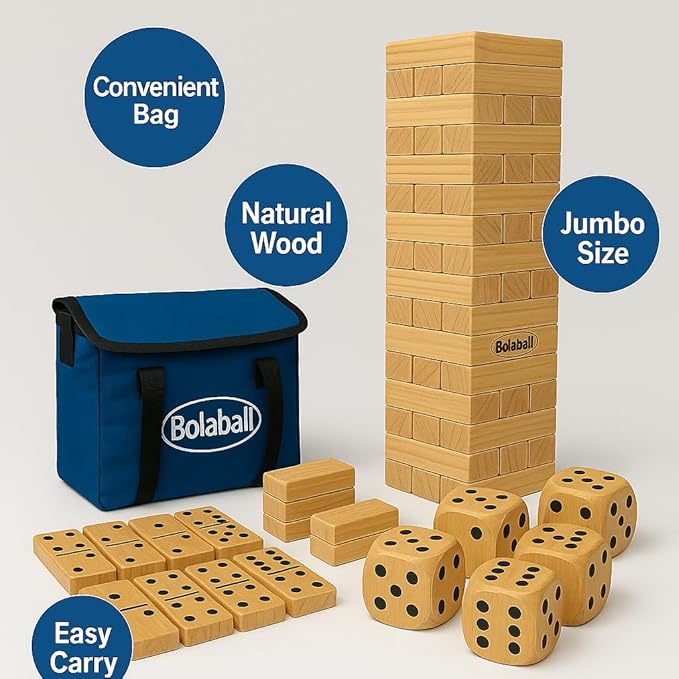 Outdoor Game Set Including 45 Giant Tumbling Blocks, 28 Giant Dominoes, and 6 Giant Dice, Giant Outdoor Games for Family Fun, Set of 3, Classic Block Giant Outdoor Game for Adults