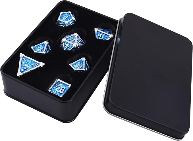 AUSTOR 7-Die Metal DND Dice Set Dungeons and Dragons Polyhedral Roll Playing Dice with Box D20 D12 D10 D% D8 D6 D4 for Pathfinder MTG RPG Board Games