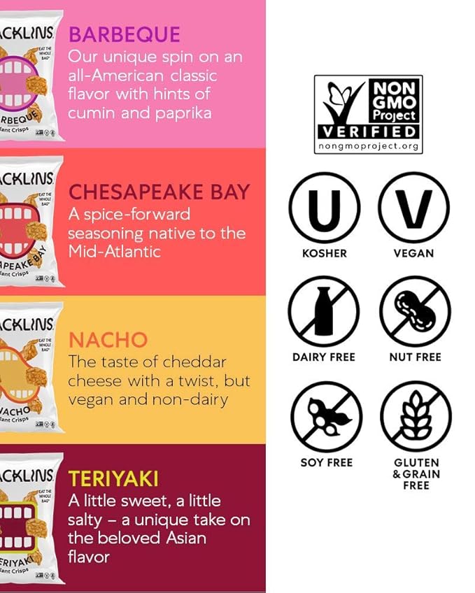 SNACKLINS Plant Based Crisps 4 Flavor Variety - Nacho, BBQ, Teriyaki, Chesapeake Bay - Gluten Free, Grain Free, 100% Kosher, Vegan Healthy Snacks, No Added Sugar Crunchy Puffed Snack Only 90 Calories Per Bag - .9oz Bag (Case of 12)