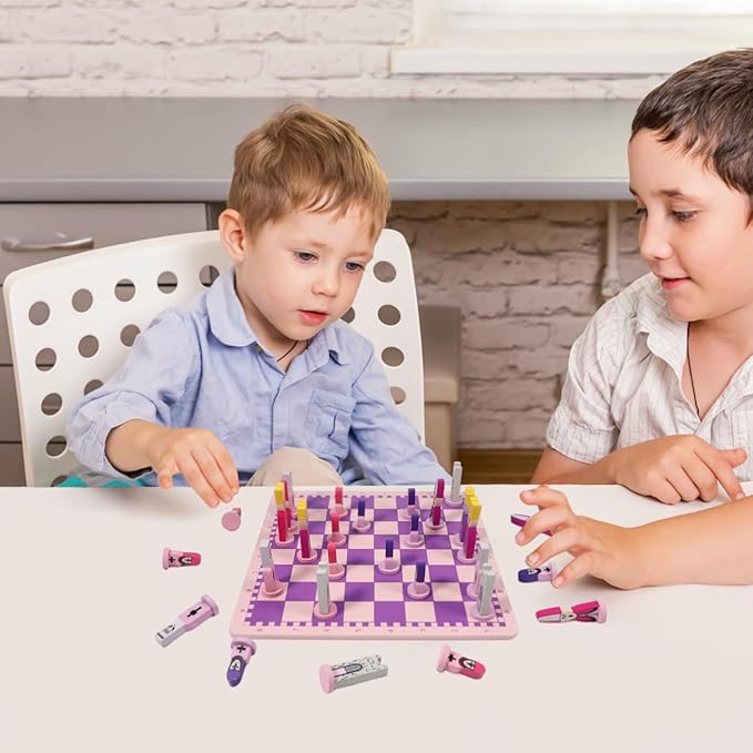 TOYANDONA Wooden Chess Set, 11.8 inch Cartoon Travel Chess Set Pink Chess Board Game Set with Cute Chess Pieces for Kids and Adults