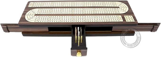 Continuous Cribbage Board Inlaid 4 Tracks Rosewood/Maple with Sliding Lids and Drawer