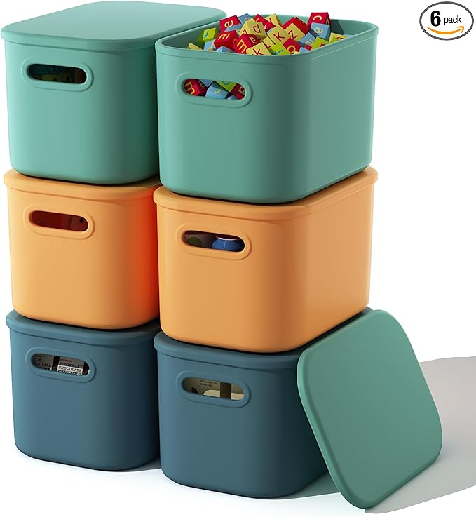6 Pack Colorful Storage Bins with Lids Stackable Storage Container for Organizing, Storage Boxes with Handle for Shelves, Cute Storage Bin for Craft, Snacks, 9.85x6.9x5.7 inch
