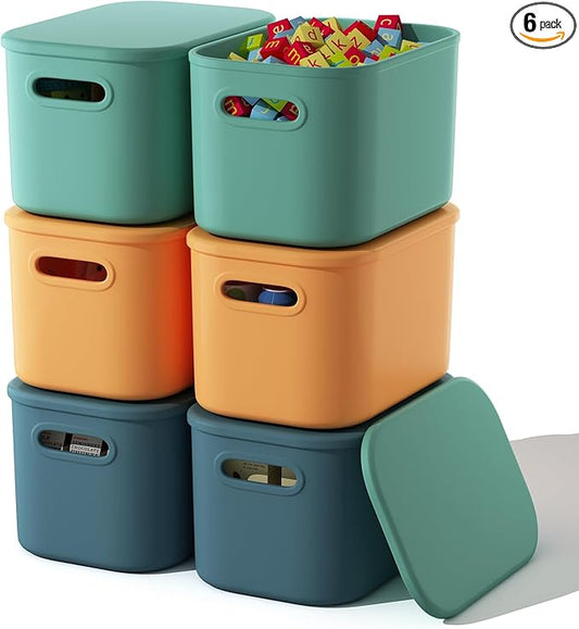 6 Pack Colorful Storage Bins with Lids Stackable Storage Container for Organizing, Storage Boxes with Handle for Shelves, Cute Storage Bin for Craft, Snacks, 9.85x6.9x5.7 inch