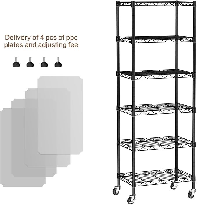 Small 6 Tier Shelves Storage Wire Shelving Unit Metal Shelf Adjustable Organizers Storage Shelving with Wheels for Bathroom Laundry Room Kitchen Pantry12”D x 18”W x 61.6”H Black