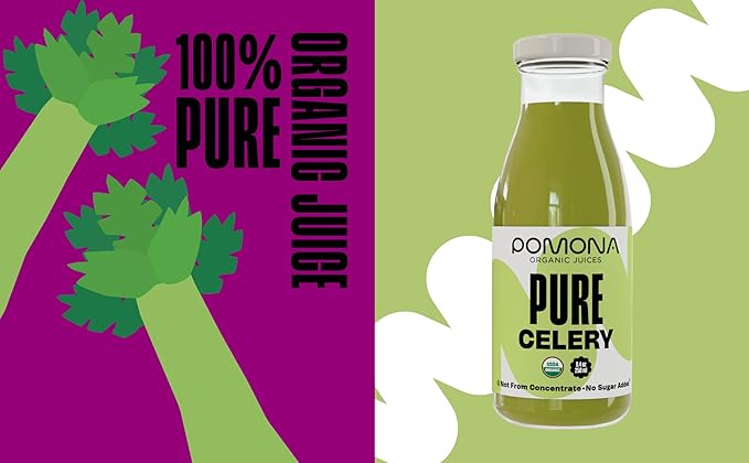 Pomona Organic Juices Pure Celery Juice, 8.4 Ounce Bottle (Pack of 12), Cold Pressed Organic Juice, Non-GMO, No Sugar Added, Not from Concentrate, Gluten Free, Kosher Certified, Preservative Free