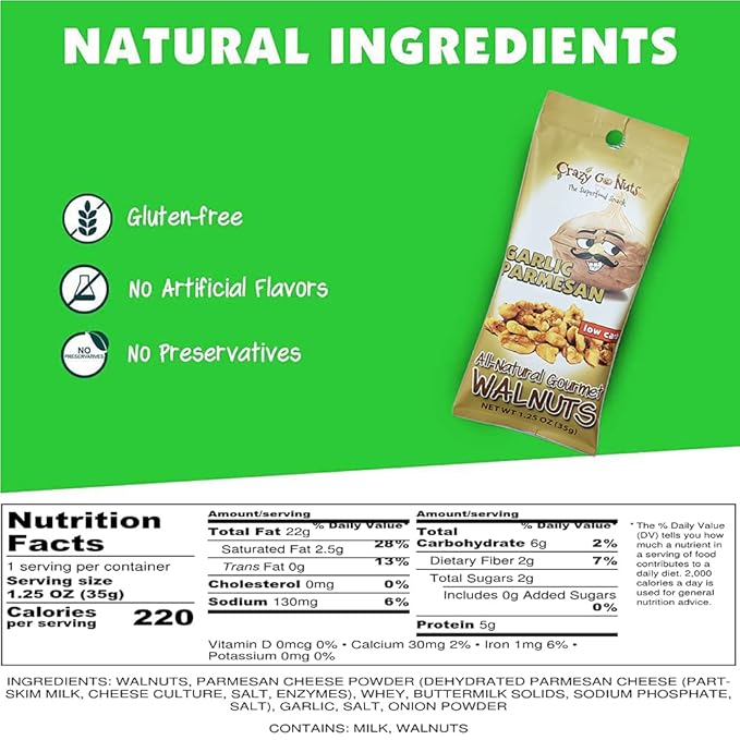Crazy Go Nuts Walnuts Garlic Parmesan - Healthy Snacks, Keto, Low Carb, Gluten Free, Superfood-Natural, ALA, Omega 3 Fatty Acids, Good Fats, and Antioxidants - 1.25 Oz, 6-Pack
