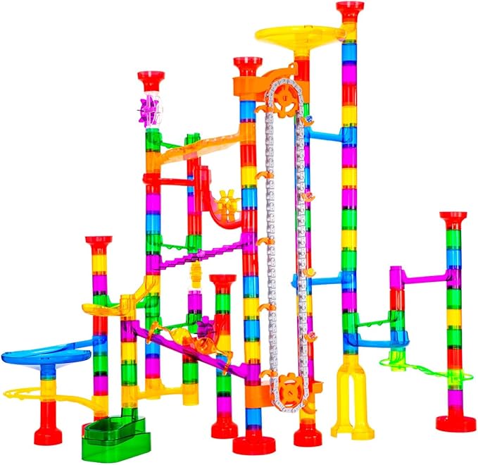 247Pcs Marble Run with Motorized Elevator, Construction Building Blocks Toys with 30 Glass Marbles and 30 Glow in The Dark Marbles, STEM Gifts for Boys and Girls