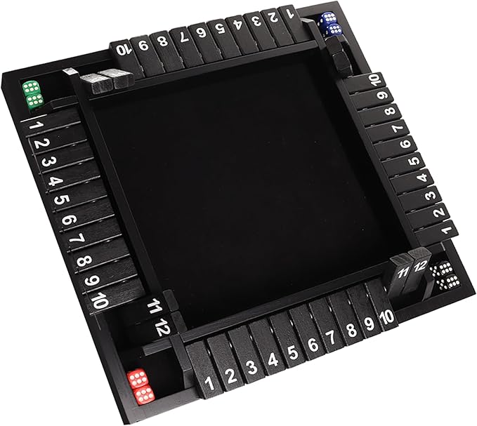 GSE Games & Sports Expert 1-4 Player Wooden Shut The Box Board Game with 8 Dice. 4-Way 12 Numbers Shut The Box Dice Set of Popular English Pub Board Game - Black