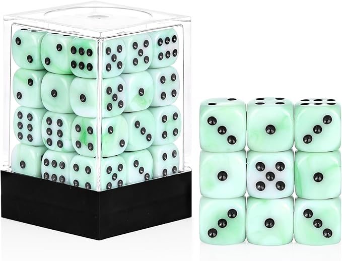 36 Pieces 12mm 6 Sided Mini Dice Set,Mixed Colours Swirls D6 Game Dice Set,6 Sided Standard Game Dice for Board Games Dice Games Classroom Teaching Dices Game,with Portable Gaming Box(Green & White)