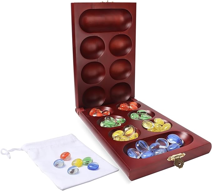 GSE Games & Sports Expert Folding Wooden Mancala Board Game with Multi-Color Glass Stones and Storage Bag, Portable Family Travel Strategy Games Set for Kids & Adults (Mahogany)