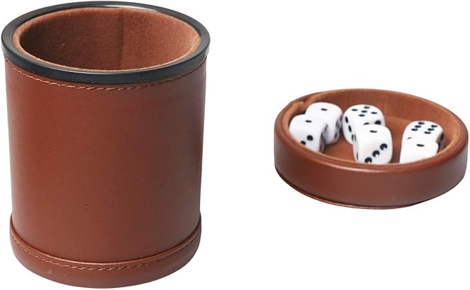 PU Leather Dice Cup Set with Lid Dark Brown Felt Lining Quiet Shaker Cup Includes 6 Dot Dice for Liars Dice Farkle Yahtzee Board Games, 1 Pack