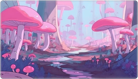 Playmat Game Mats Tabletop Magic for MTG/TCG Cards, Trading Card Game Playing Stitched Play Mat Commander Deck Gaming Desk Mat Card Gameplay Mats, Anime Pink Mushroom Forest, 27.5''X15.7''