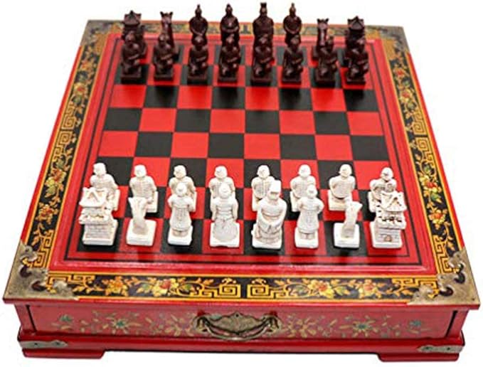 Retro Terracotta Warriors Chess Set for Kids and Adults Classic Family Board Game with Folding Wooden Chessboard 3D Resin Chess Pieces and Storage Slots (10.23×10.23 inch)