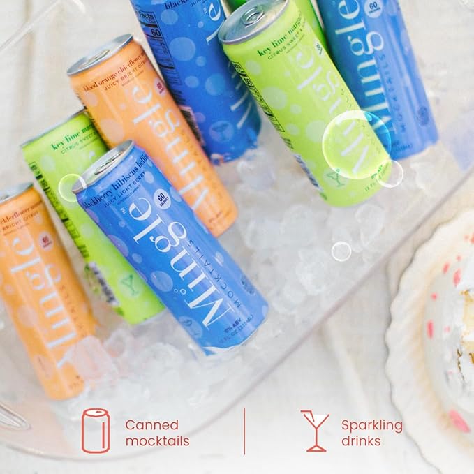 Mingle Mocktails Variety Pack, Premium Non-Alcoholic Drinks, Cucumber Melon Mojito, Blood Orange Mimosa, Raspberry Rose, Zesty Pre-Mixed Drinks, Canned Mocktails, 12 fl. oz. Cans, Pack of 12