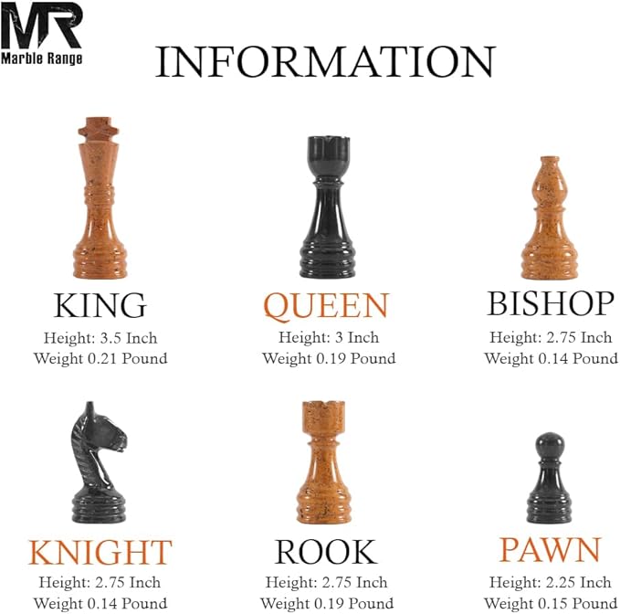 Marble Chess Set 15 Inch Handmade Black & Golden Board Game with Storage Box, Classic Travel Chess Set for Adults with Pieces & 2 Extra Queens, Elegant Gift & Home Décor