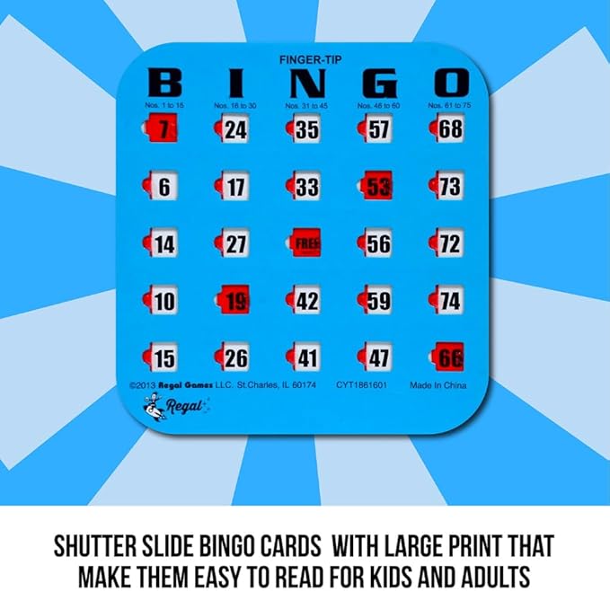 Regal Bingo Bulk Bingo Cards with Sliding Windows - Reusable Large Print Bingo Game Cards for Adults Large Group - 25 Pack, Blue