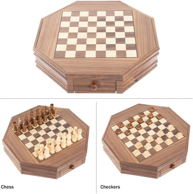 Octagonal Chess Set - Wooden Chessboard with 2 Storage Drawers and Carved Staunton Pieces - Classic Board Game for Kids and Adults by Trademark Games