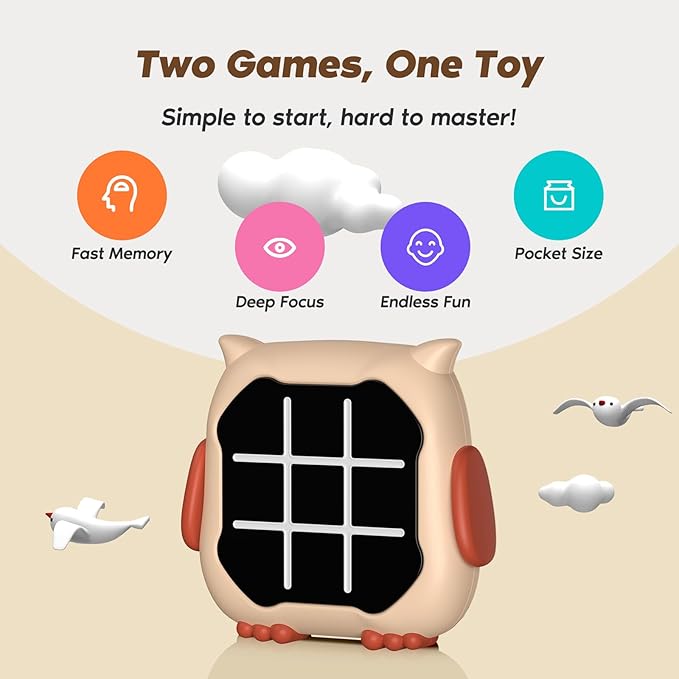 INKLAB Tic Tac Toe Game, Animal-Themed 3-in-1 Handheld Puzzle Game Console, Board Games for Kids, Portable Travel Games, Birthday Gifts for Ages 3+ (Owl)