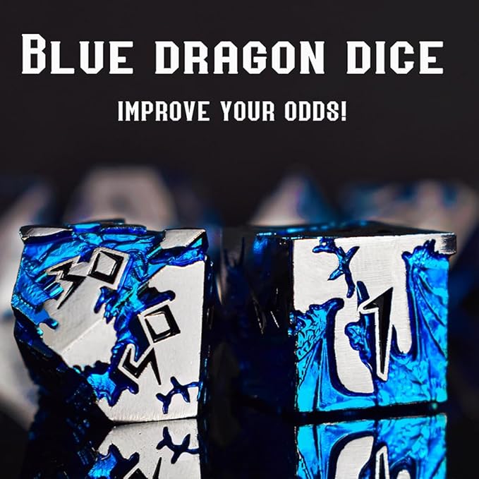 Rule Dice - D&D Dice Set, Metal Dice Sets, Dungeons and Dragons Dice Set with Gift Box, D20 D4 D12 D10 D% D8 D6, Blue Dragon Style Gaming DND Dice for MTG RPG TTPRG (Silver Black)