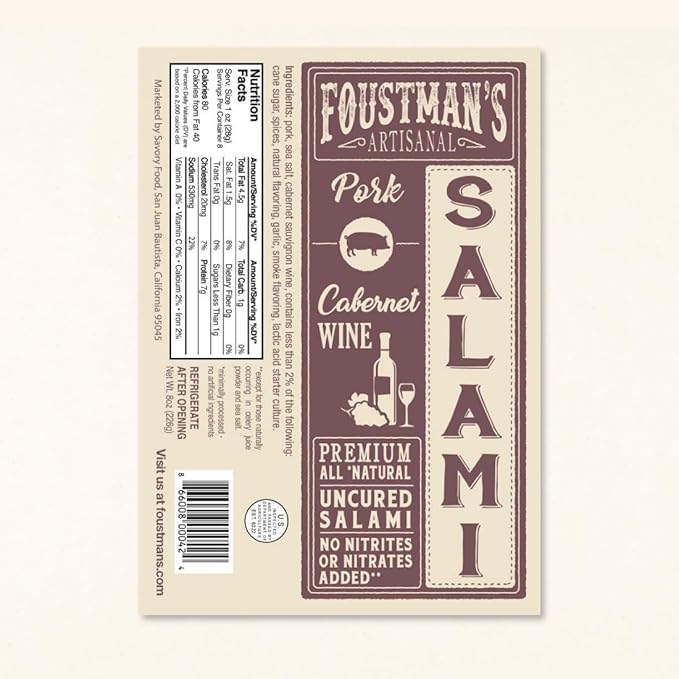 Foustman's Salami Pork Cabernet Wine Artisanal, Nitrate-Free, Naturally Cured, Gluten-Free, Dairy-Free, Pack of 3, 8 Oz Each