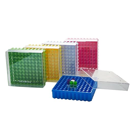 Polycarbonate Freezer Boxes for Sample Storage, 2 in 100-Well Cryoboxes, Assorted Colors Laboratory Vial Storage Boxes, 5 Pcs/Pack