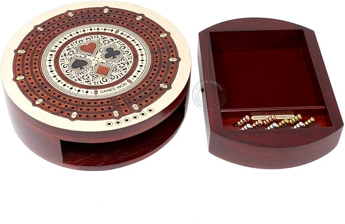 Round Shape 3 Track Non-Continuous Cribbage Board - Push Drawer Storage for Pegs and 1 Deck of Cards with Score Marking Fields for Won Games (Maple Wood/Bloodwood)