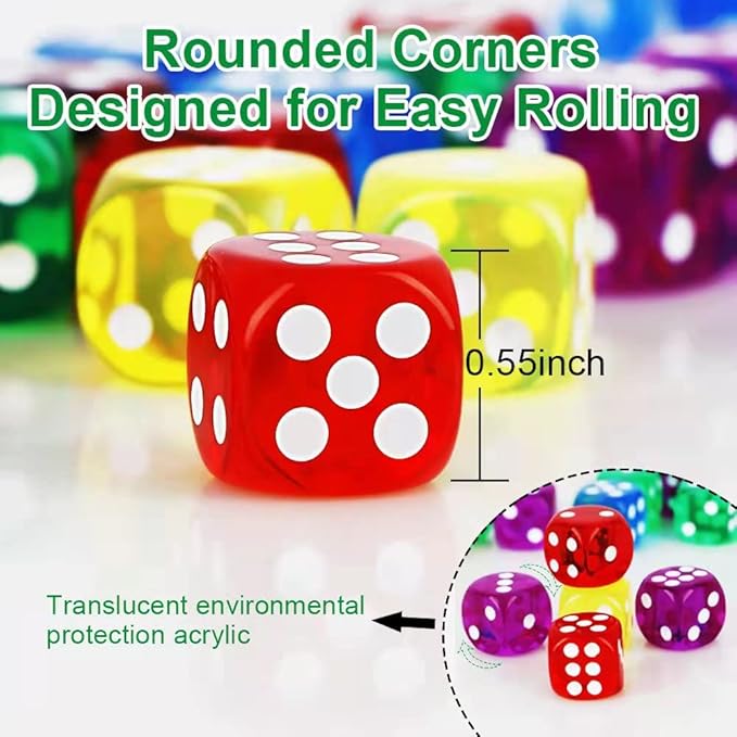 100 Pieces Colored Dice Set, Standard Bulk Colors Dices, Classroom Dice, Translucent 6 Sided Games Dice for Board Games, Parties, Classroom Math Games