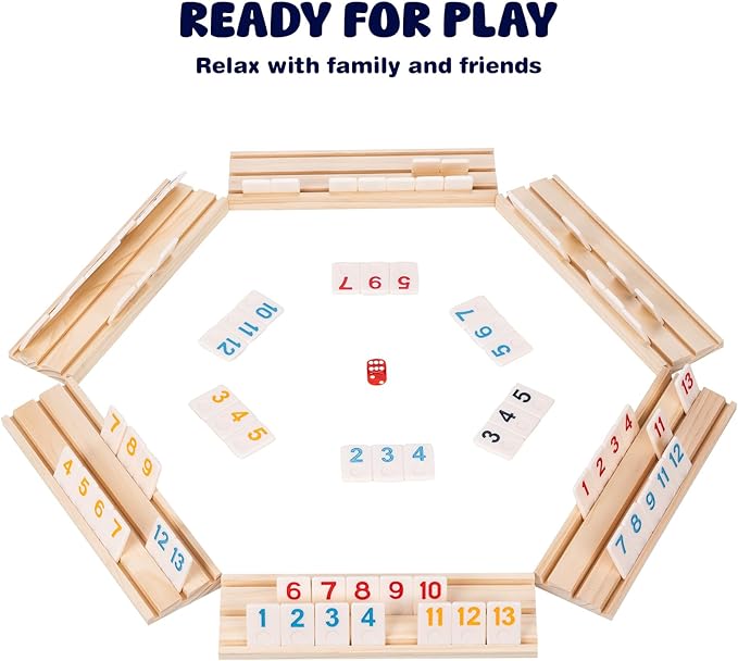 Rummy Cube 6 Player with 6 Wooden Racks, 160 Tiles, Portable Travel Game Set for Family Game Night, Travel Case, Drawstring Bag