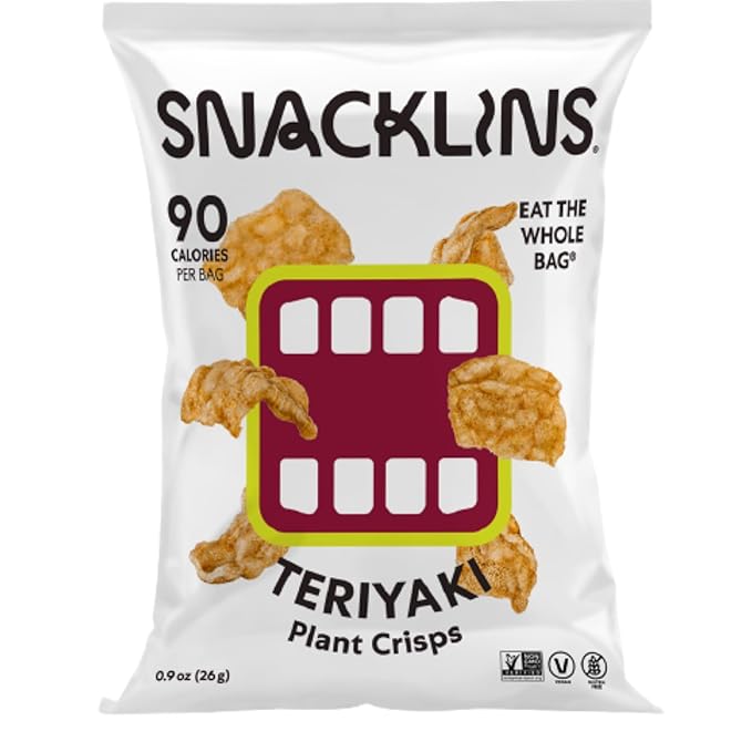 SNACKLINS Plant Based Crisps TERIYAKI - Gluten Free, Grain Free, 100% Kosher, Vegan Healthy Snacks, Crunchy Puffed Snack, Only 90 Calories Per Bag - .9oz Bag (Case of 6)