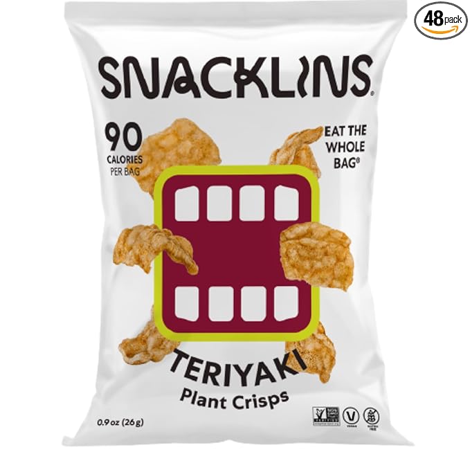SNACKLINS Plant Based Crisps TERIYAKI - Gluten Free, Grain Free, 100% Kosher, Vegan Healthy Snacks, Crunchy Puffed Snack, Only 100 Calories Per Bag - .9oz Bag (Case of 48)