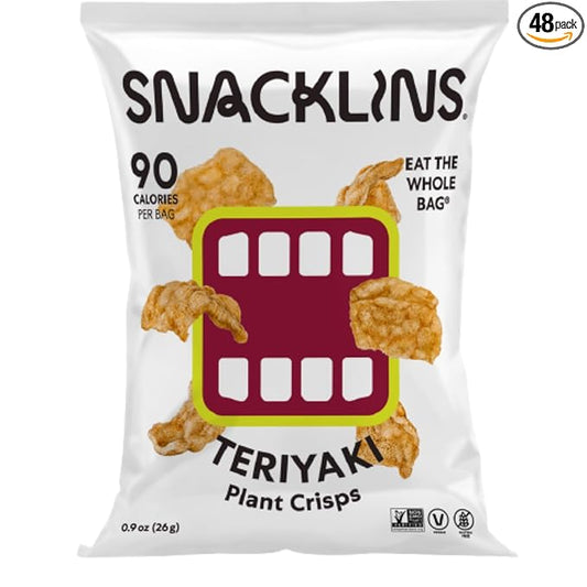 SNACKLINS Plant Based Crisps TERIYAKI - Gluten Free, Grain Free, 100% Kosher, Vegan Healthy Snacks, Crunchy Puffed Snack, Only 100 Calories Per Bag - .9oz Bag (Case of 48)