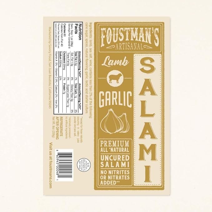 Foustman's Salami Garlic Lamb Artisanal, Nitrate-Free, Naturally Cured, Gluten-Free, Dairy-Free, No Pork, 8 Oz Sticks