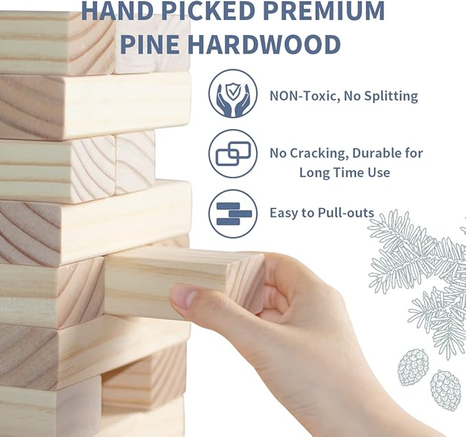 Giant Tumble Tower Family Games for Kids and Adults 60 Blocks New Zealand Pine Wooden Blocks Stacking Up to 5 FT for Indoors Outdoors Yard Games for Family