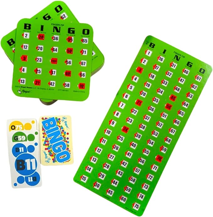 Regal Bingo Finger-Tip Shutter Bingo Cards Set w/Sliding Windows - 25 Bingo Shutter Cards, 75 Reusable Calling Cards, 1 Master Board - Ideal for Family Fun Night - No Chips & Daubers Needed - Green