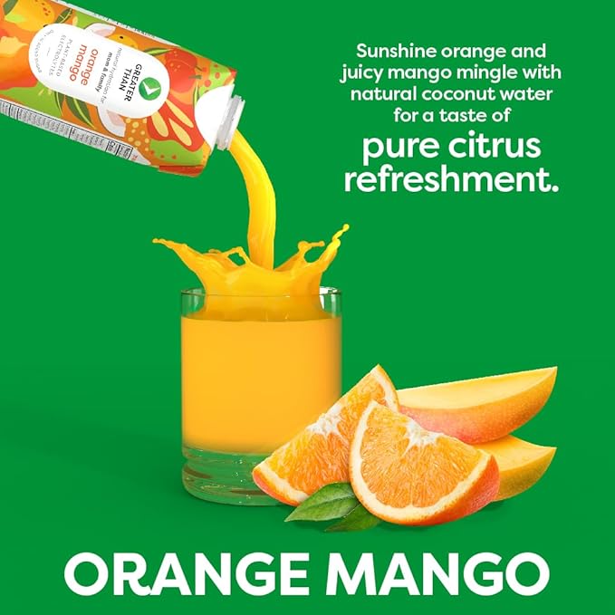 Greater Than Nutrient Hydration Beverage, Electrolyte Drink for Gut Health & Energy with Coconut Water, Vitamins, Gluten Free, Plant Based, Low Sugar, Orange Mango, 12 Pack