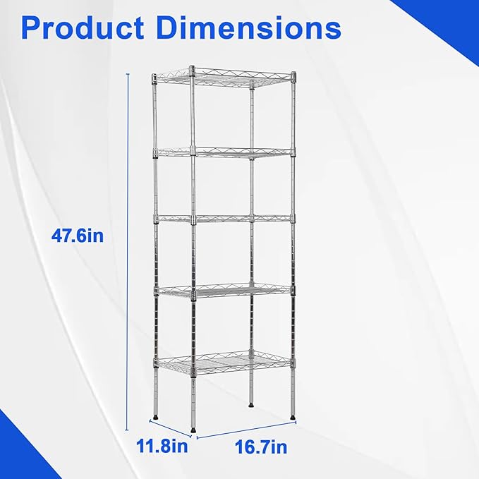 Metal Frame Storage Shelves 5-Tier Wire Shelving NSF Certified Storage Rack Shelf Heavy Duty Storage Shelf with Leveling Feet for Home Kitchen Garage, 12" Dx17 Wx48 H, Chrome