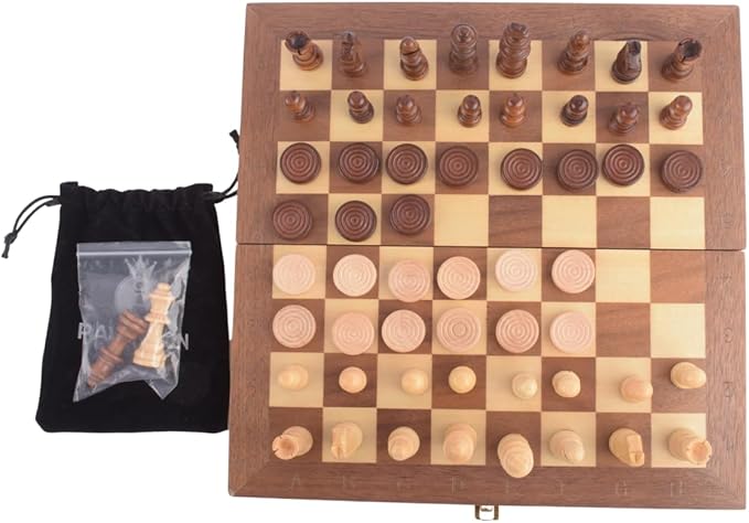 12" Folding Magnetic Wooden Chess Set – Travel-Friendly Portable Board Game with Staunton Pieces and Secure Storage Handcrafted Design for Home School and Outdoor Play Ages.