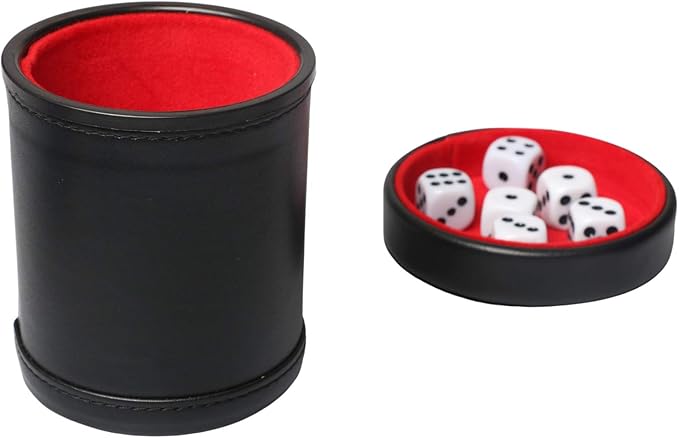 Leatherette Dice Cup with Lid, Red Felt-Lined Dice Shaker Includes 6 Regular Dice for Liars Dice/ Farkle/ Yahtzee/ Games, 1 Pack