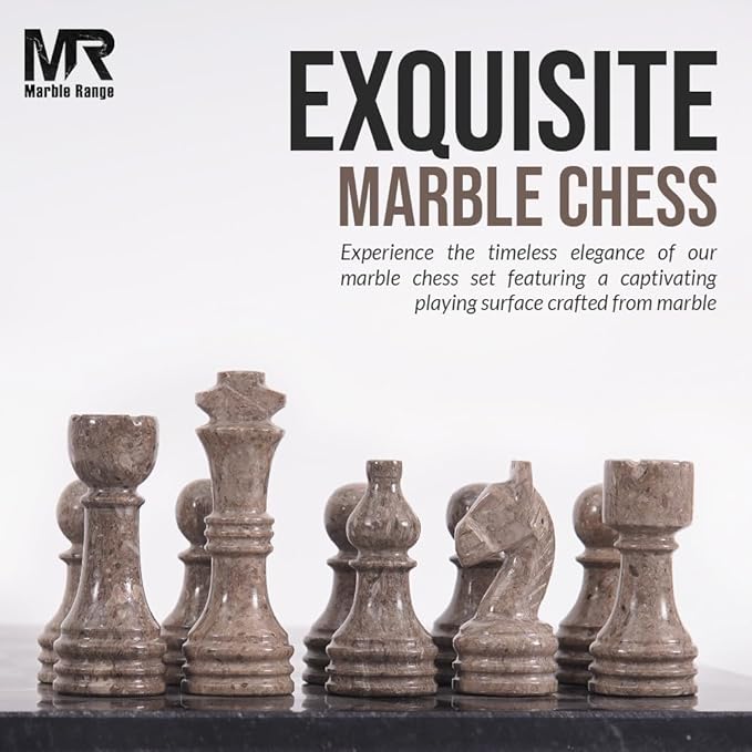 Marble Chess Set 15 Inch Handmade Black & Oceanic Board Game with Storage Box, Classic Travel Chess Set for Adults with Pieces & 2 Extra Queens, Elegant Gift & Home Décor