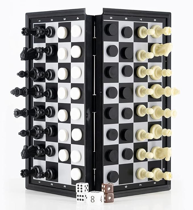 WEofferwhatYOUwant 3-in-1 Magnetic Travel Chess Set – Portable Chess, Checkers & Backgammon Board Game – 10” Folding Board