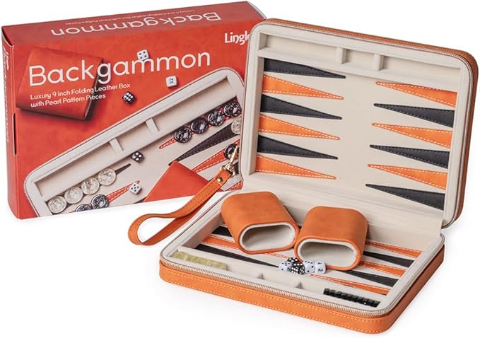 Backgammon Sets for Adults, Classic Board Game with Folding Leather Backgammon Case, Portable Travel Backgammon Game Set (Orange)