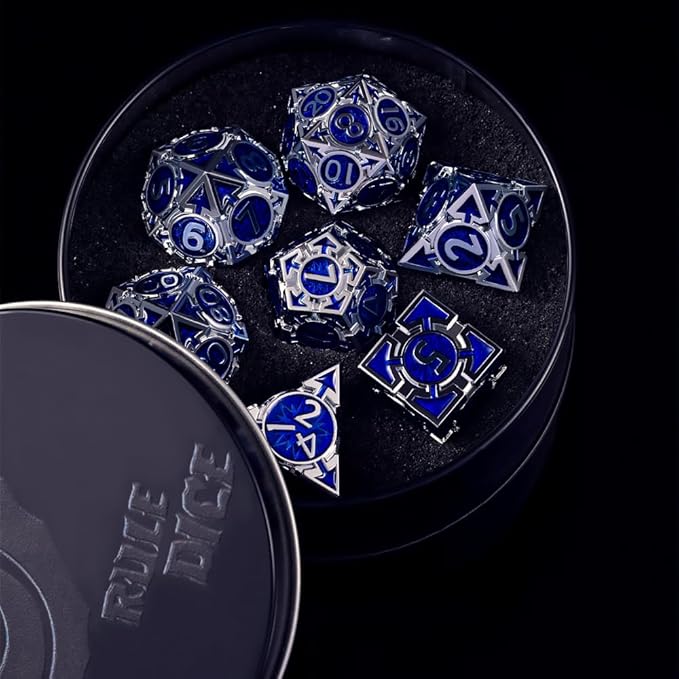 RULE DND Dice Set Metal Blue Solid Weighted D&D Dungeons & Dragons Polyhedral D20 D4 D12 D10 D% D8 D6 with Gift Box