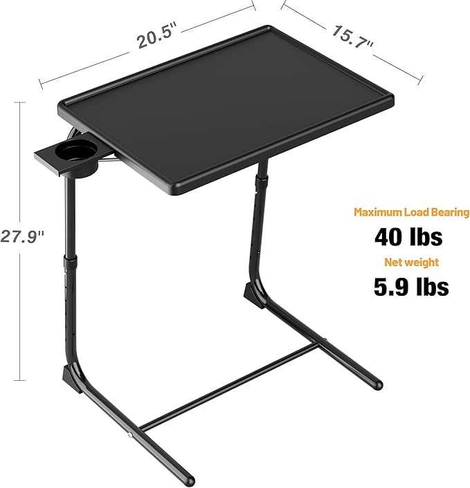Allpop TV Tray Table, Adjustable TV Dinner Tray for Eating, Folding Laptop Table with 6 Heights & 3 Tilt Angles, Cup Holder on Couch & Bed, Black