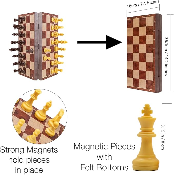 WEofferwhatYOUwant 2-in-1 Magnetic Travel Chess Set – Chess & Checkers Medium Size – Folding Wood Color Board – 12.4”
