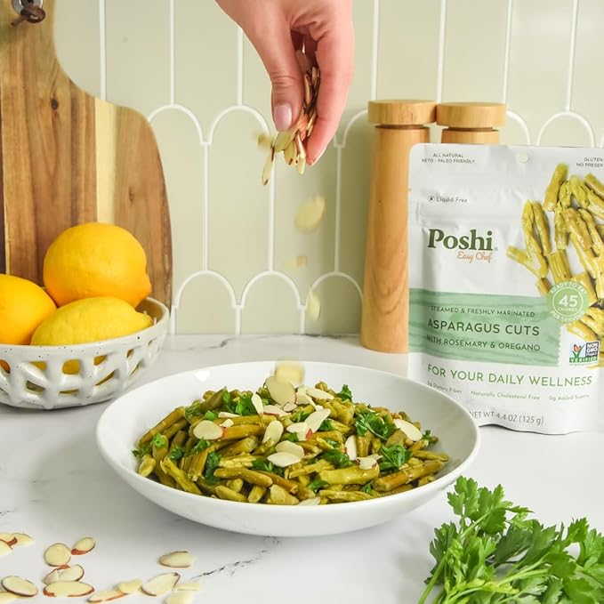 POSHI Marinated Asparagus Cuts with Rosemary + Oregano Natural, Keto, Vegan, Non GMO, Low Carb + Calorie, Gluten Free Ready to Eat Fully Cooked Vegetables, Pentry Food, Gourmet, Healthy 6 Pack, 4.4oz